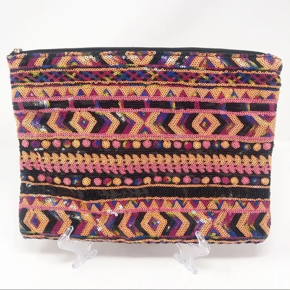 UNBRANDED | SEQUIN Aztec Print Small Clutch or Cosmetic Bag